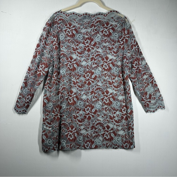 GANNI Lace Blouse Top Women's 40 US 8/10 M Teal Rust Floral Sheer Long‎ Sleeve - Picture 7 of 8